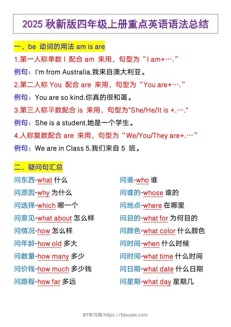 【2025秋新版】四年级上册英语，重点英语语法总结-BT学习网