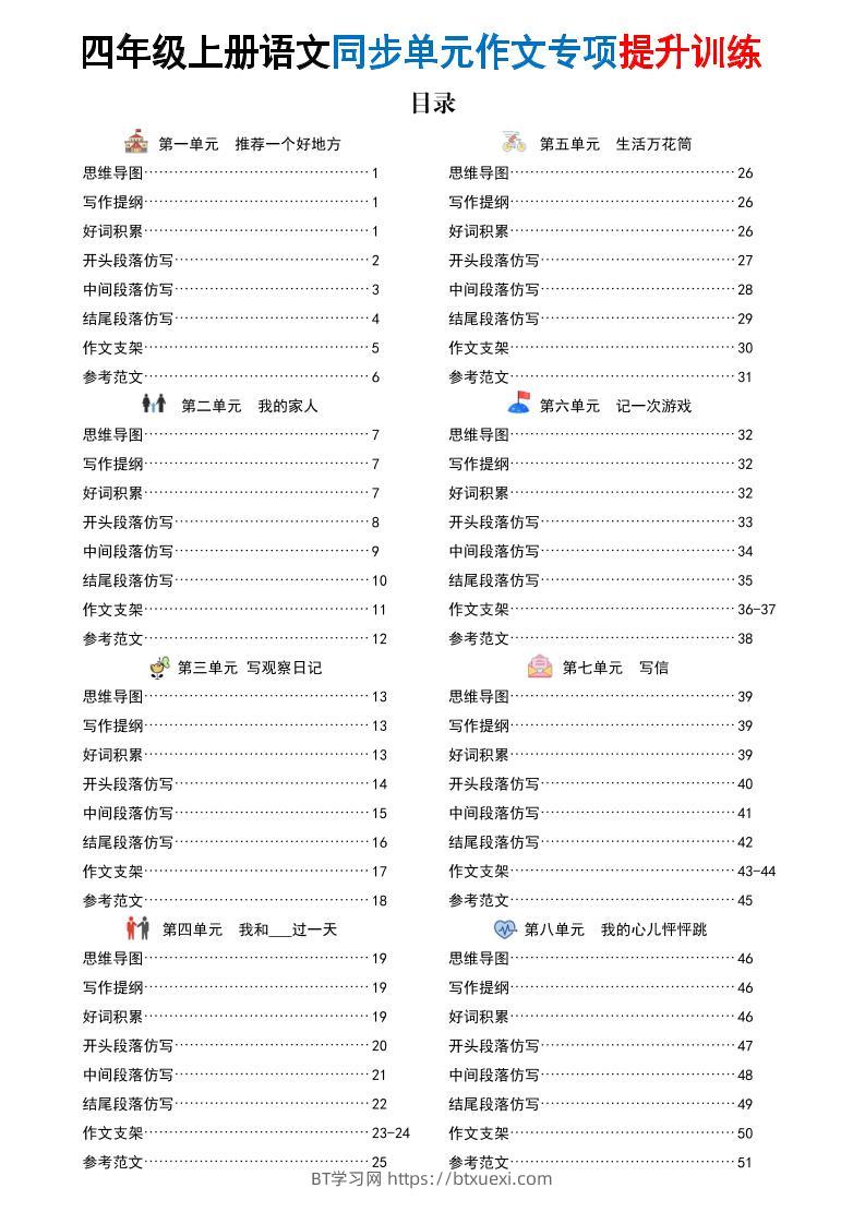 新四上语文同步单元作文专项提升训练（52页）-BT学习网