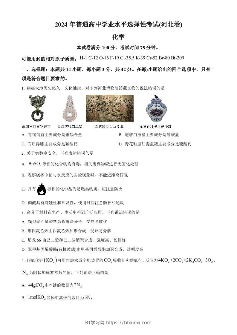 2024年高考化学试卷（河北）（空白卷）-BT学习网