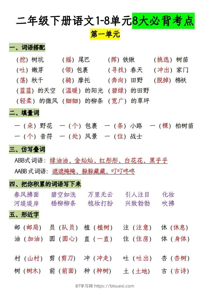 二下册语文1-8单元8大考点必背（1-4单元）(1)-BT学习网