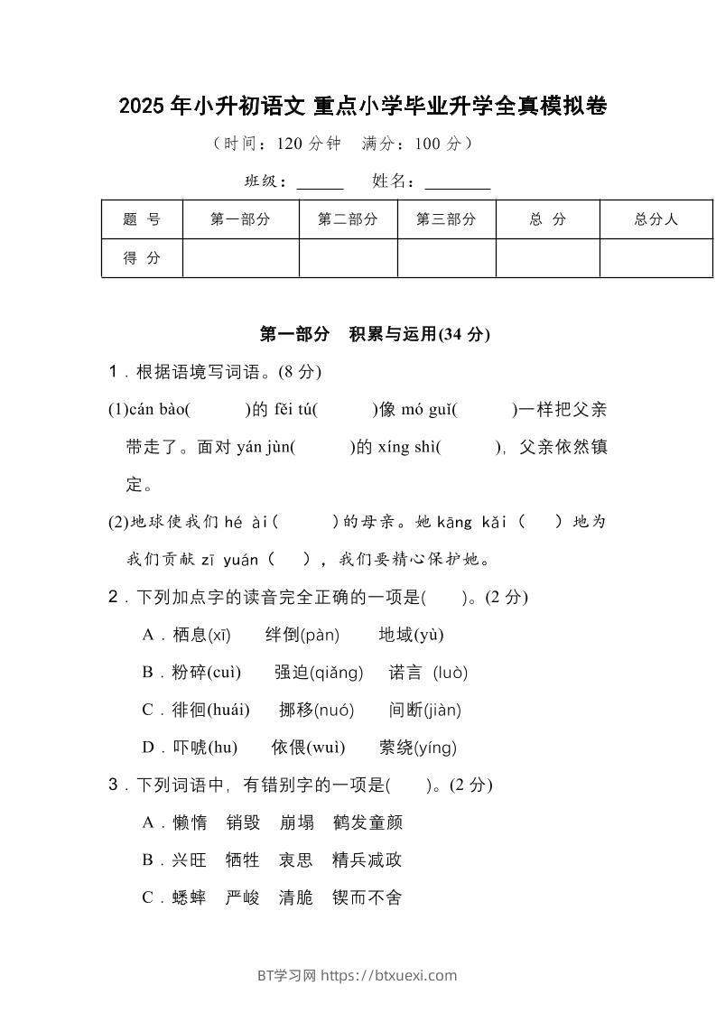 2025年小升初语文重点小学毕业升学全真模拟卷（一）13页-BT学习网