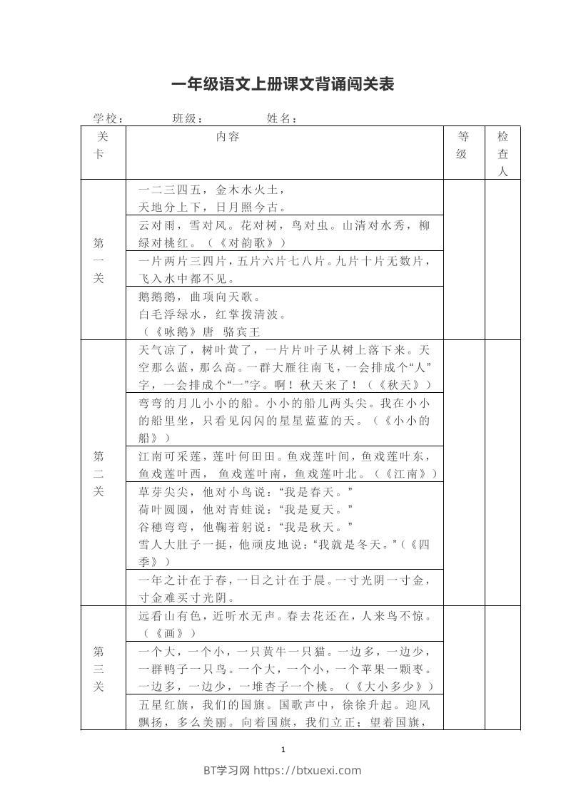 一年级上册语文背诵课文内容及闯关表-BT学习网