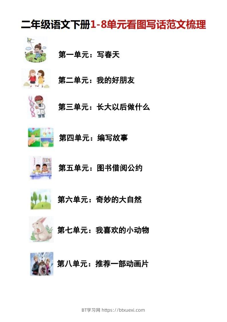 二年级语文下册1-8单元看图写话范文梳理-BT学习网