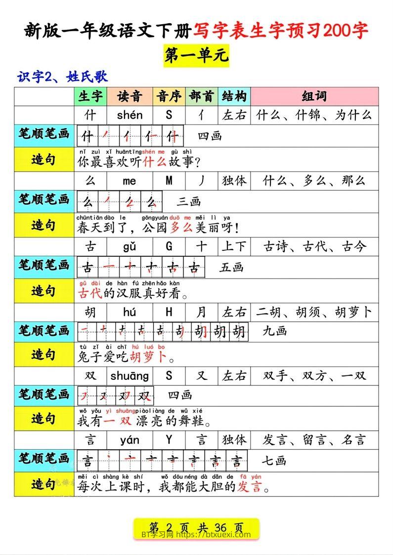 图片[2]-【预习】新版一年级语文下册写字表生字预习200字-BT学习网