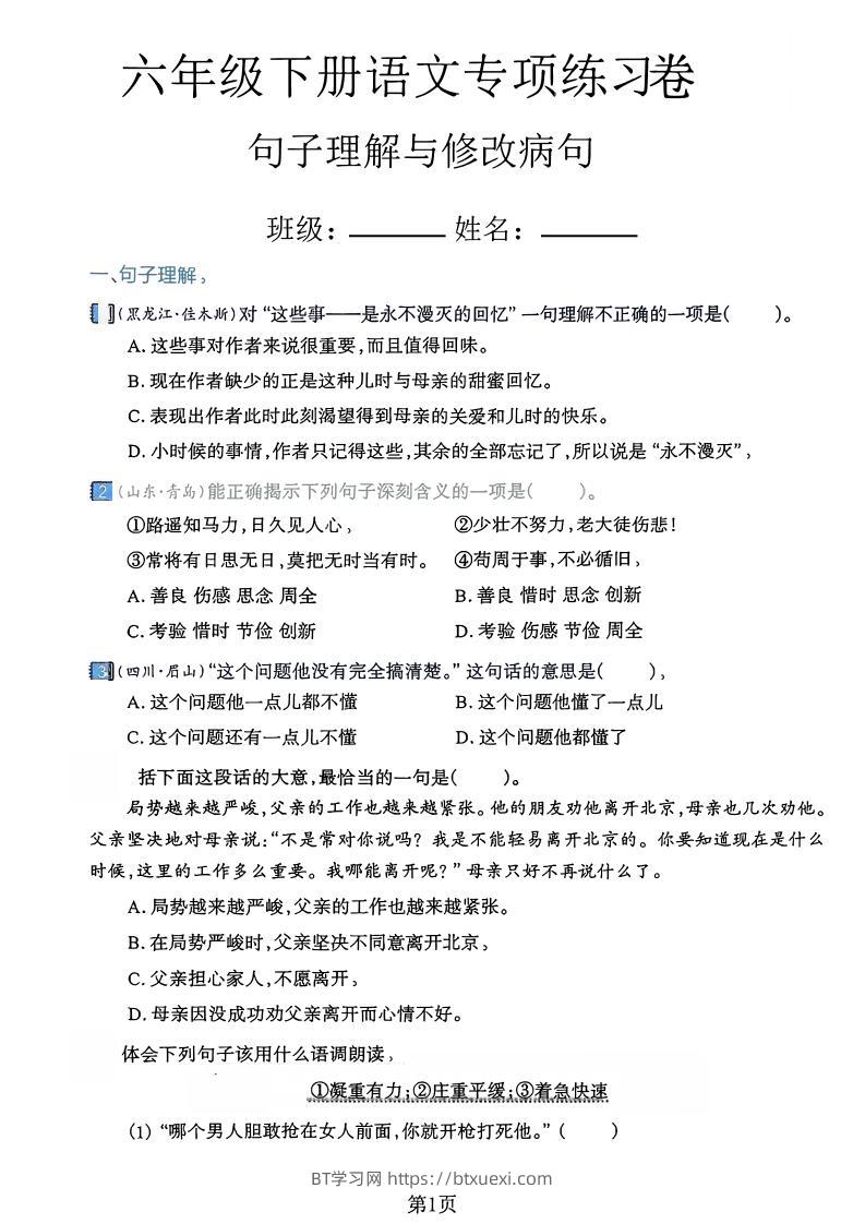 六下语文句子理解与修改病句专项练习卷-BT学习网