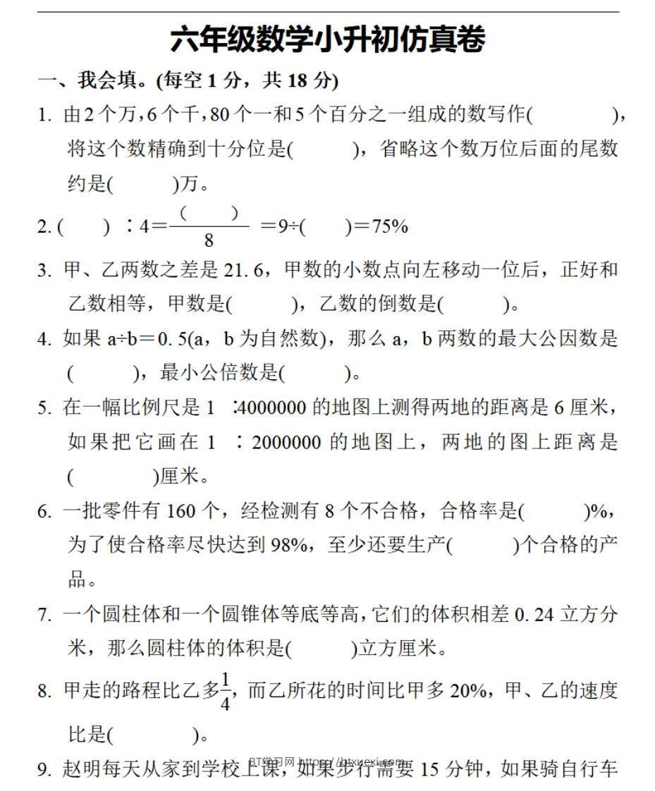 小升初数学复习仿真试卷3人教版-BT学习网