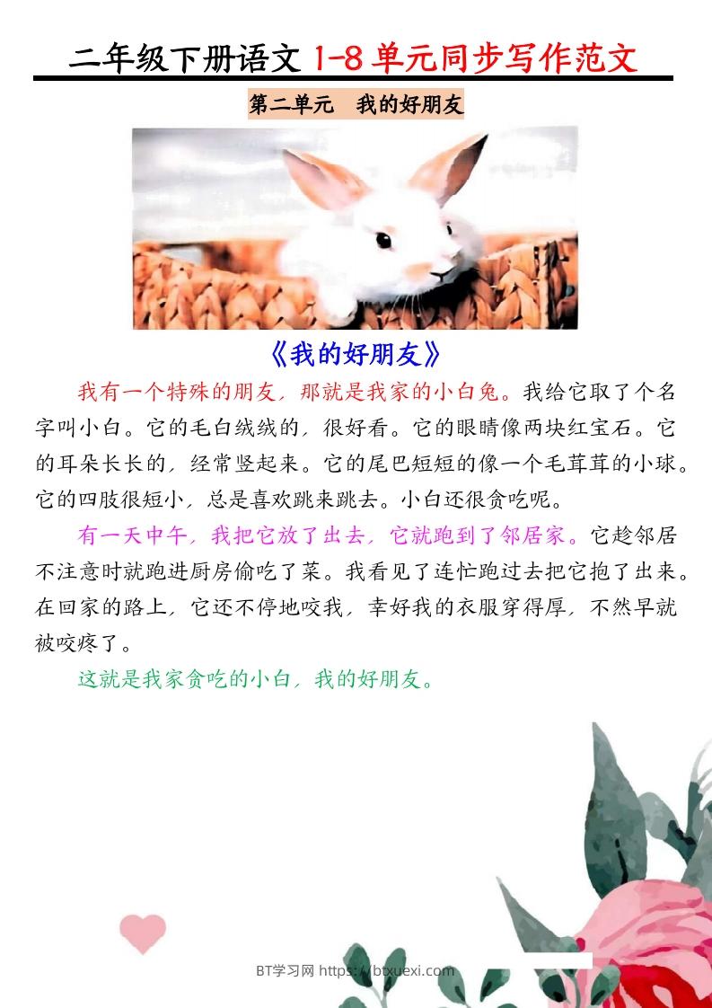 图片[2]-二下语文1-8单元同步作文范文7页-BT学习网