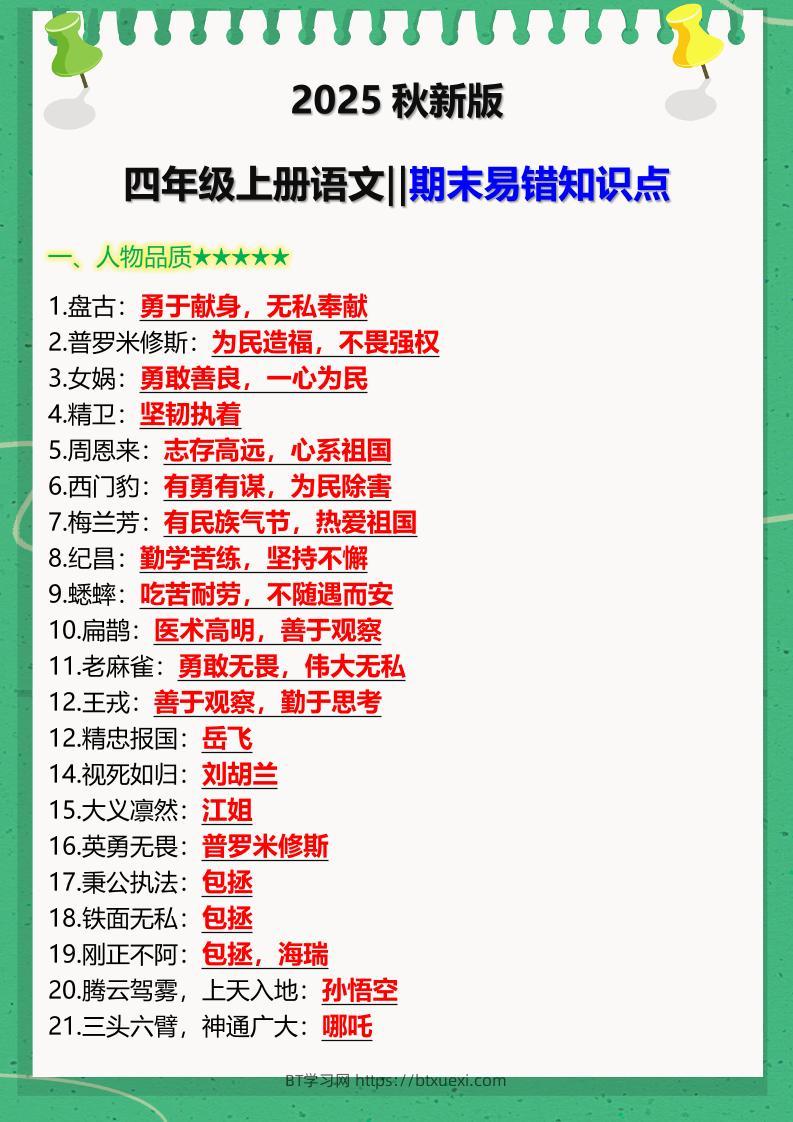 【2025秋新版】四年级上册语文‖期末易错知识点-BT学习网