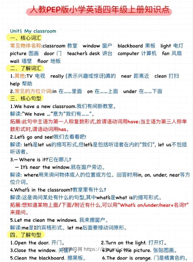 【英语】四上【三升四英语暑假】预习知识点汇总人教pep-BT学习网