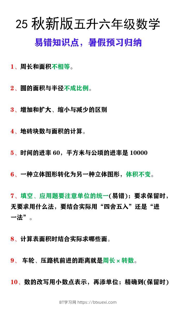【2025秋新版】五升六年级上册数学易错知识点，暑假预习归纳-BT学习网