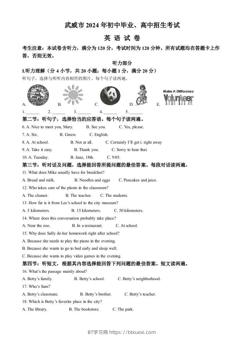 2024年甘肃省武威市、嘉峪关市、临夏州中考英语真题（含答案）-BT学习网