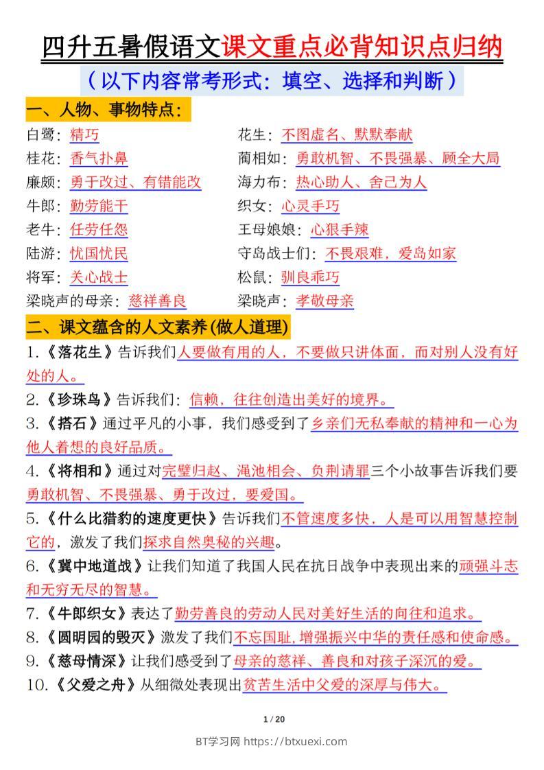 四升五年级暑假语文课文重点必背知识点归纳输出（20页）-五上语文-BT学习网