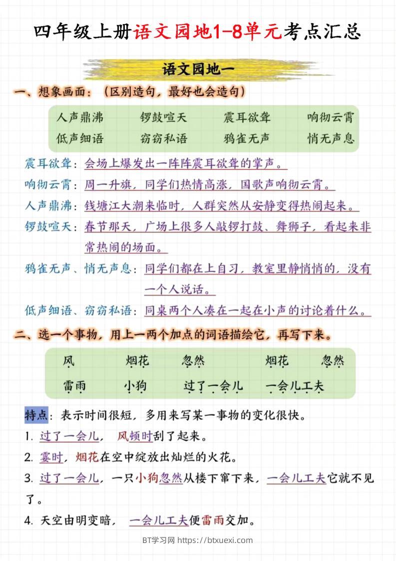 四上语文园地1-8单元考点汇总（15页）-BT学习网