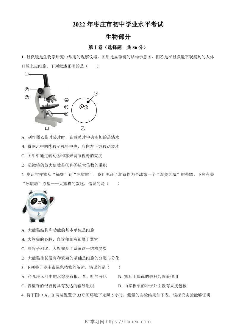 2022年山东省枣庄市中考生物真题（空白卷）-BT学习网