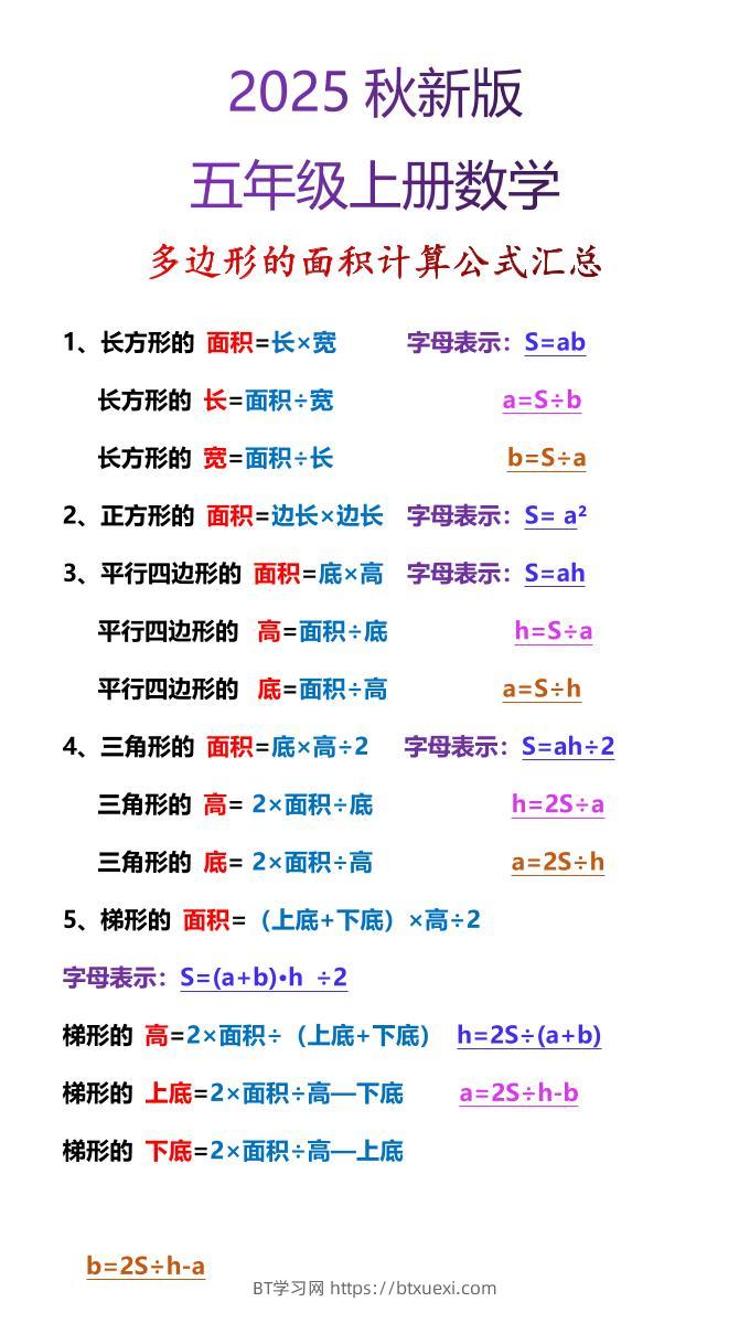 【2025秋新版】五年级上册数学多边形的面积计算公式汇总-BT学习网