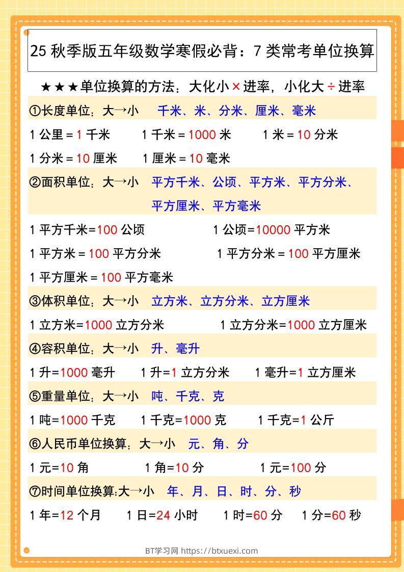 【2025秋新版】五年级数学寒假必背：7类常考单位换算-五上数学-BT学习网