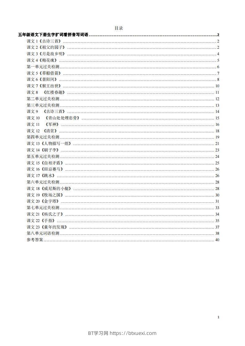 五年级下册语文看拼音写词语（45页）-BT学习网