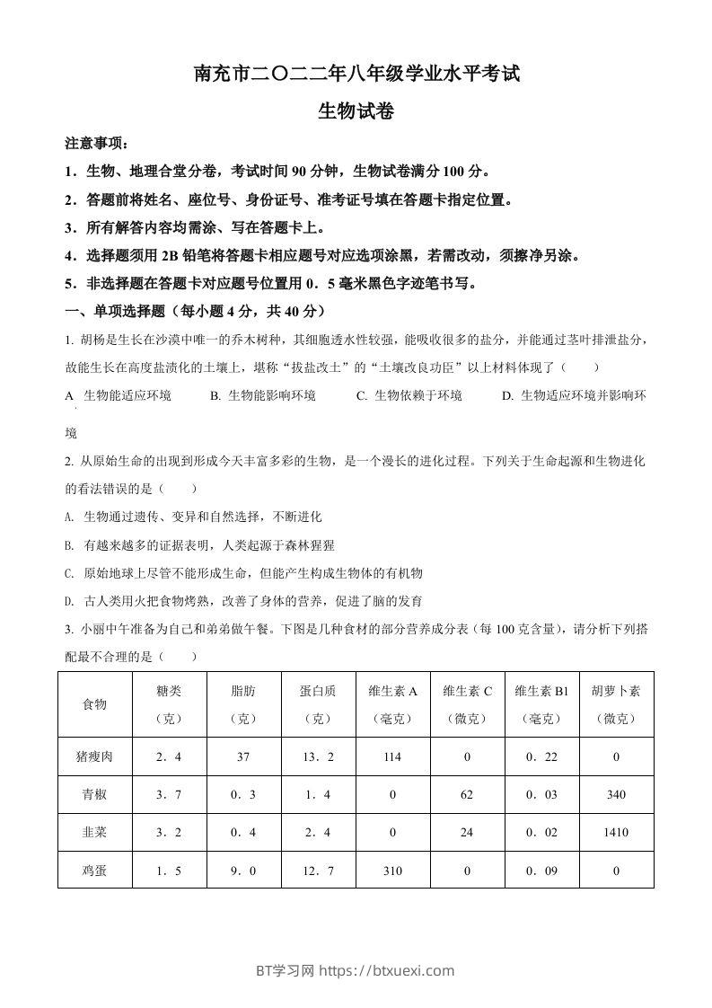 2022年四川省南充市中考生物真题（空白卷）-BT学习网