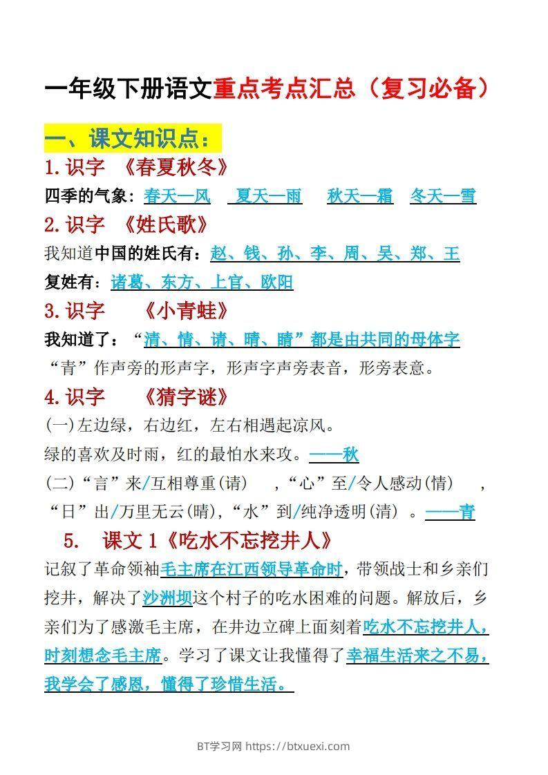 一年级下册语文重点考点汇总（复习必备）-BT学习网