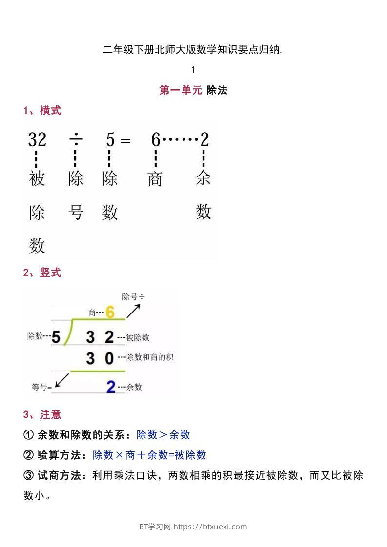 二下北师大版数学知识要点归纳-BT学习网