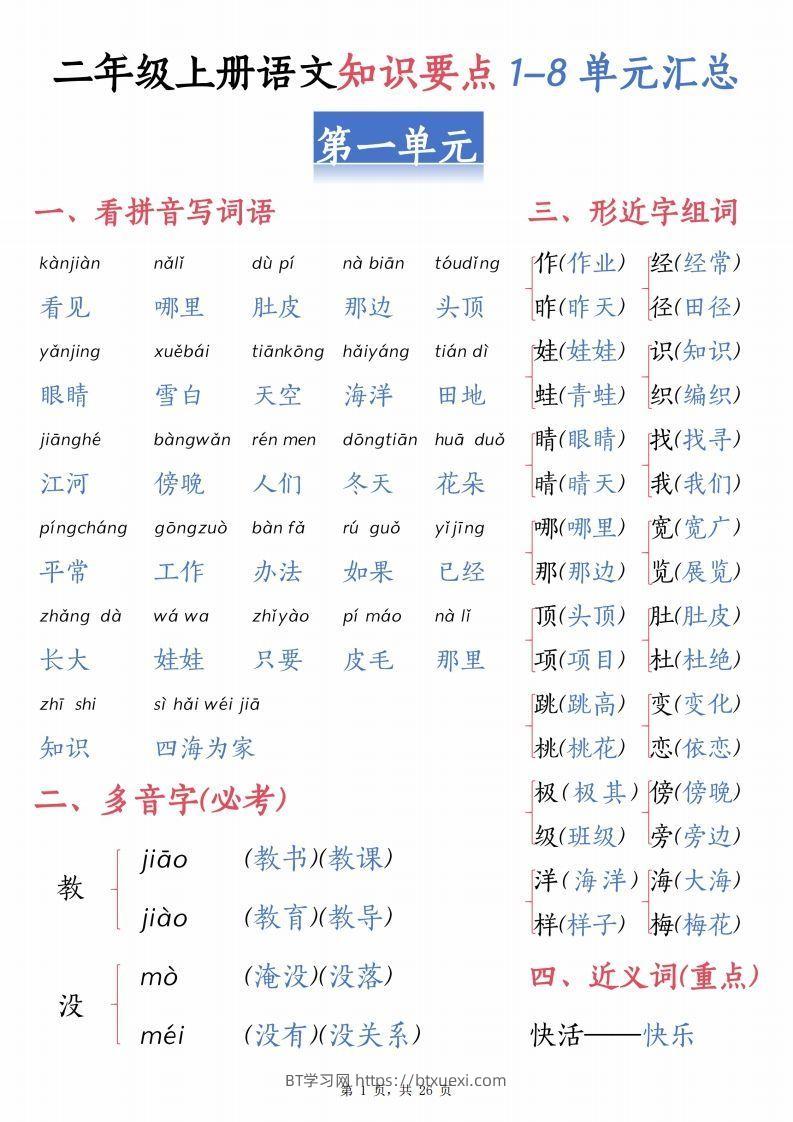 【1-8单元汇总知识要点（26页）】二上语文-BT学习网