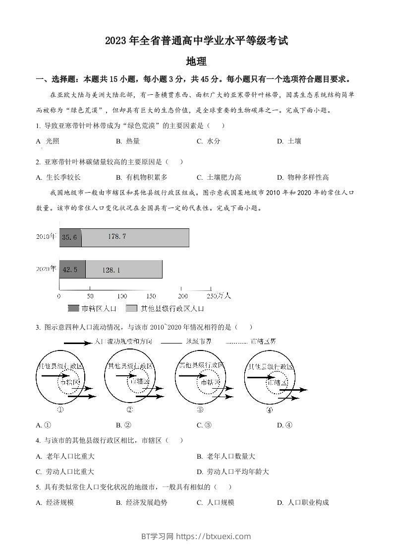 2023年高考地理试卷（山东）（空白卷）-BT学习网