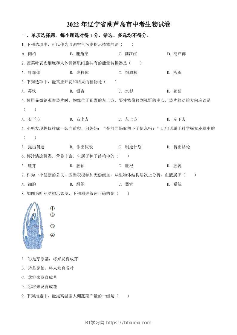 2022年辽宁省葫芦岛市中考生物真题（空白卷）-BT学习网