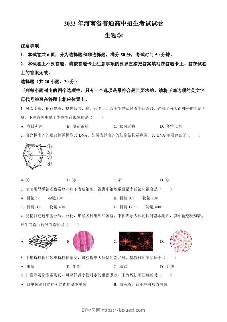 2023年河南省中考生物真题（空白卷）-BT学习网