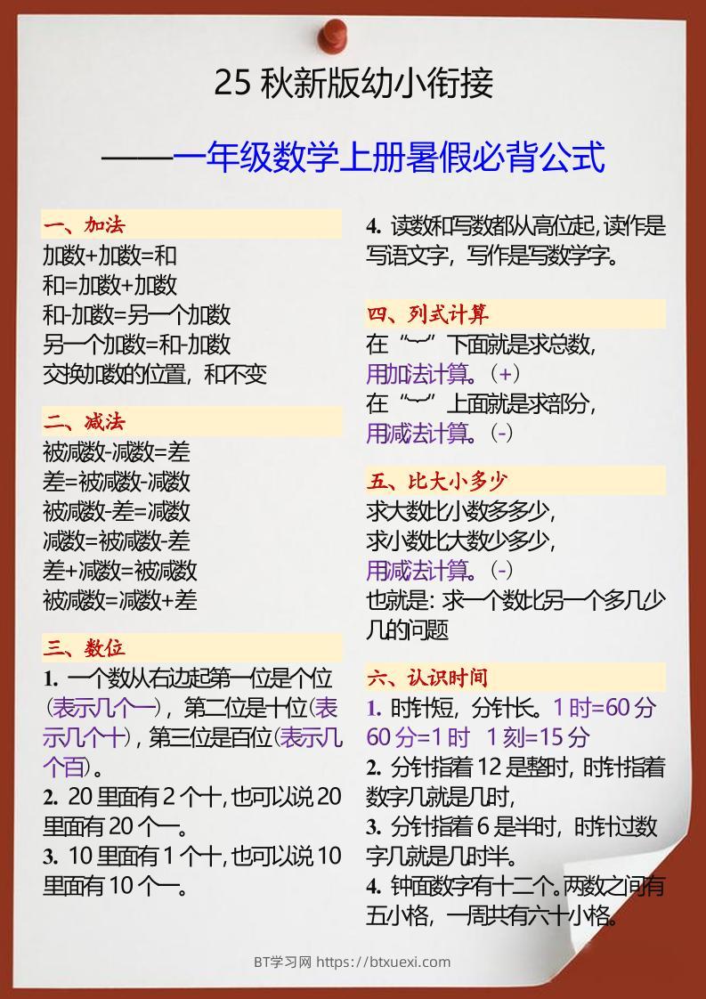 【2025秋新版】幼小衔接一年级数学上册暑假必背公式-BT学习网