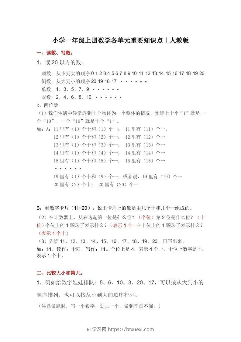 人教版一年级数学上册概念知识点整理-BT学习网