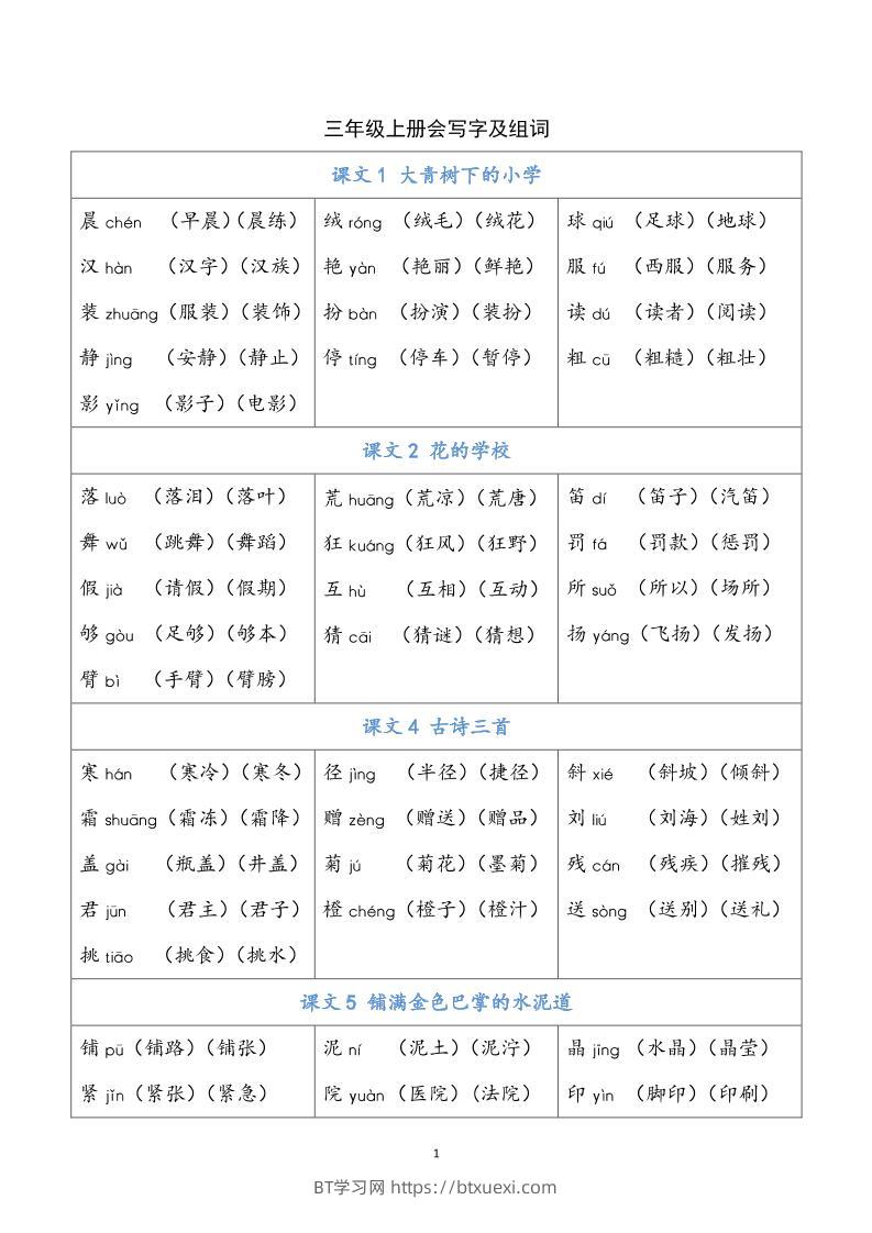 三上语文-写字表生字组词-BT学习网