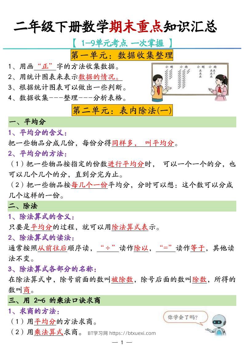 二年级下册数学期末重点知识汇总-BT学习网