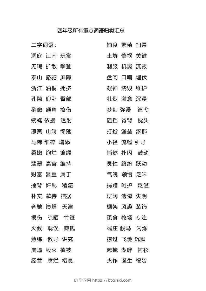 四（上）语文重点词语归类汇总-BT学习网