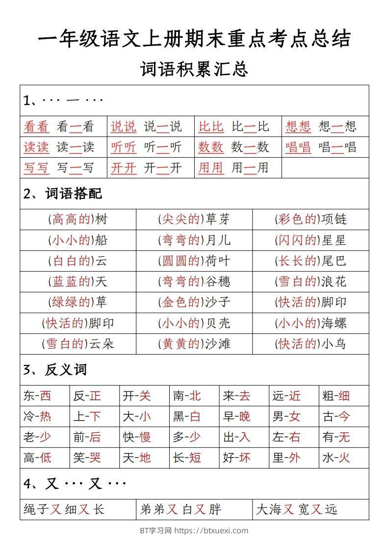 【期末重点考点总结词语积累汇总】一上语文-BT学习网