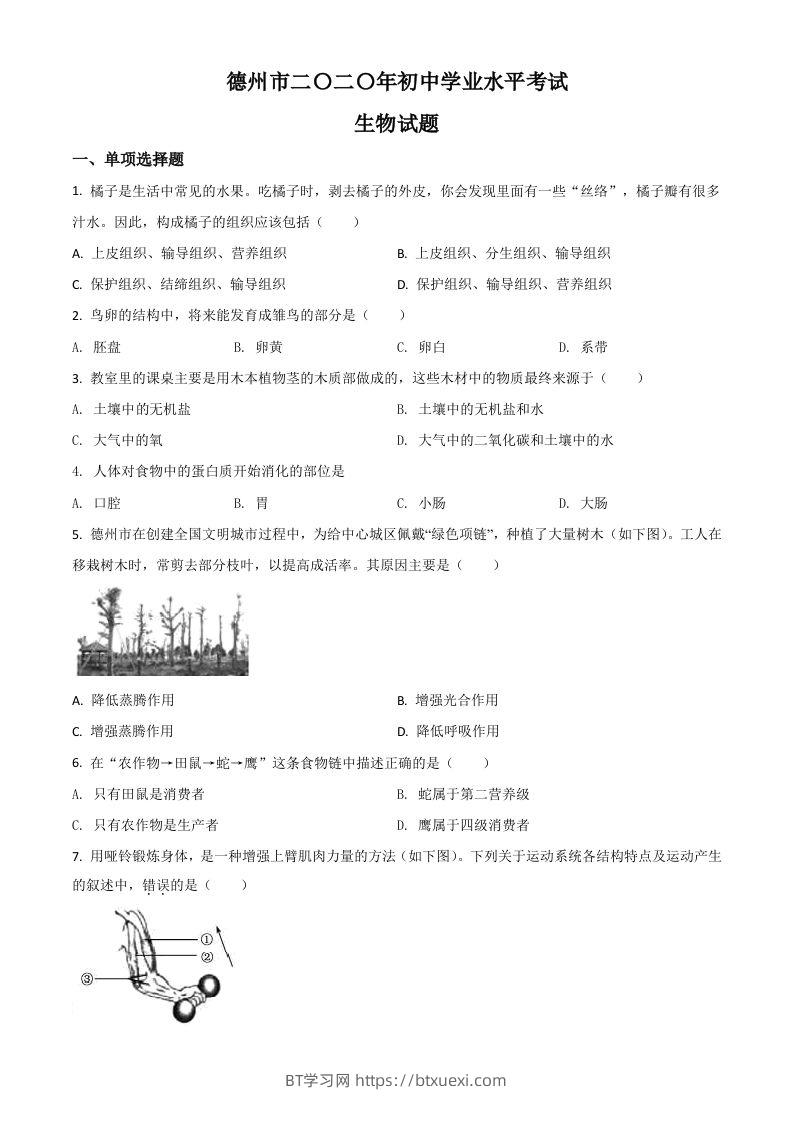 山东省德州市2020中考生物试题（空白卷）-BT学习网