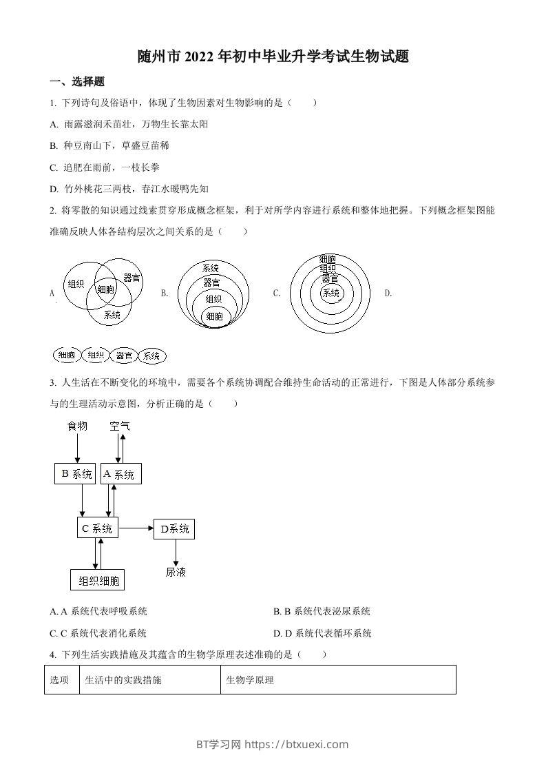 2022年湖北省随州市中考生物真题（空白卷）-BT学习网