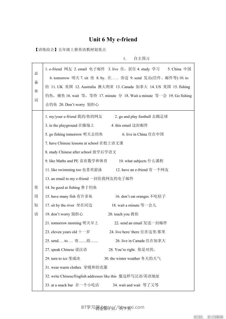 【单元热点难点】译林版（三起）英语五年级上册Unit6Mye-friend教材划重点-BT学习网