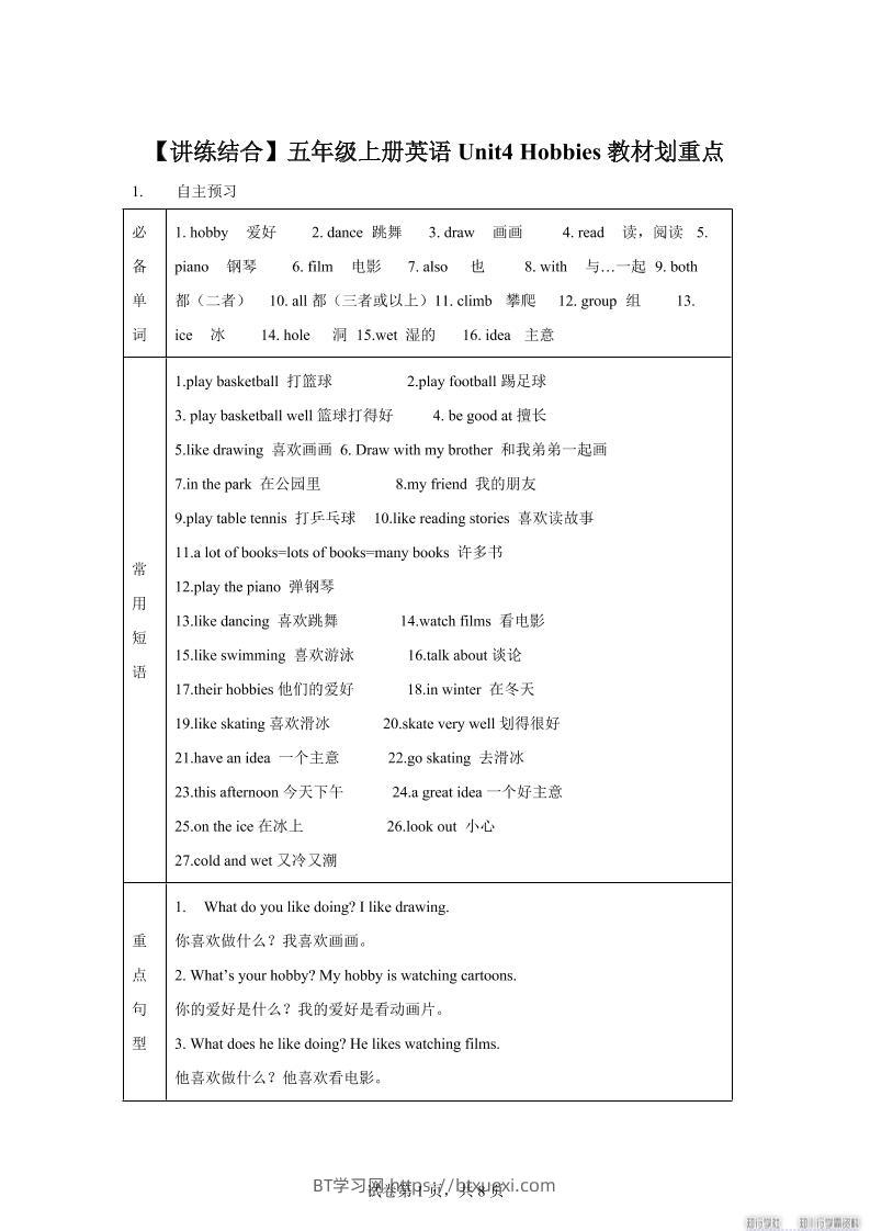 【单元热点难点】译林版（三起）英语五年级上册Unit4Hobbies教材划重点-BT学习网