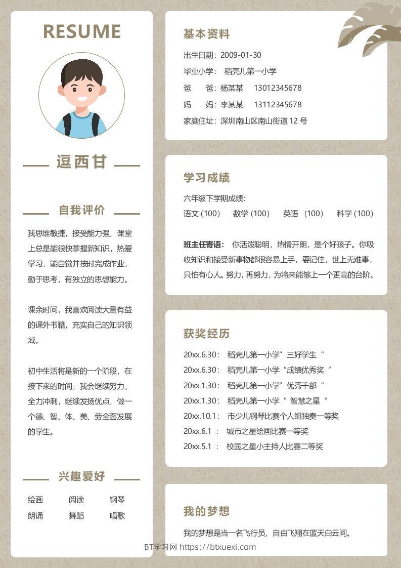 单页-小升初简历02-BT学习网