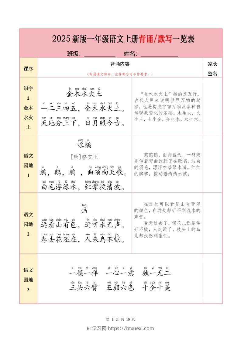 一上语文【25秋-必背内容+默写表】-BT学习网