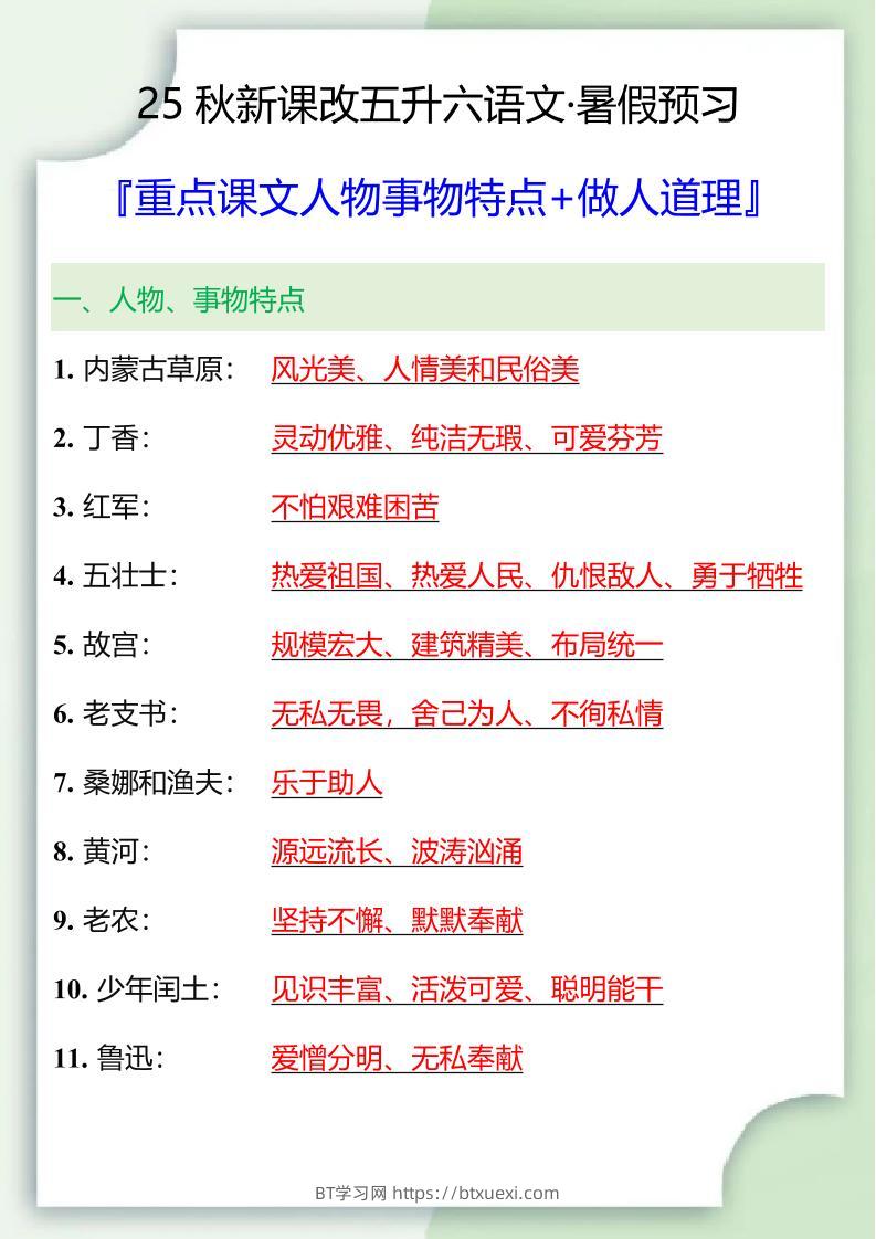 【2025秋新版】五升六重点课文人物事物特点+做人道理-六上语文-BT学习网