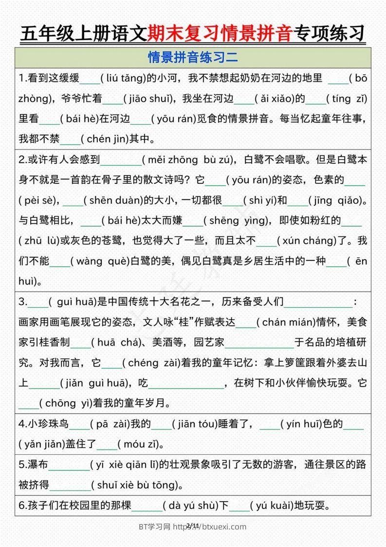 图片[2]-【期末情景拼音默写专项练习（空白）】五上语文-BT学习网