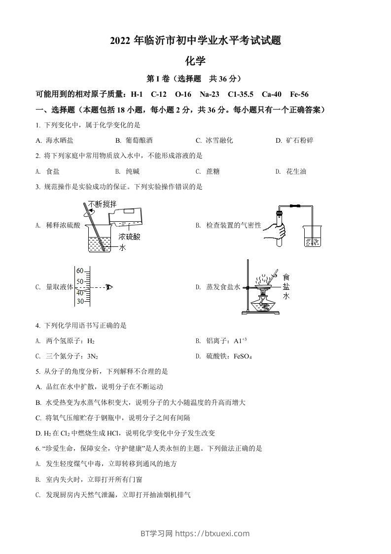2022年山东省临沂市中考化学真题（空白卷）-BT学习网