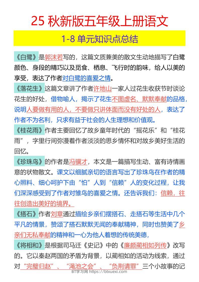 【2025秋新版】五年级上册语文1-8单元知识点总结-BT学习网