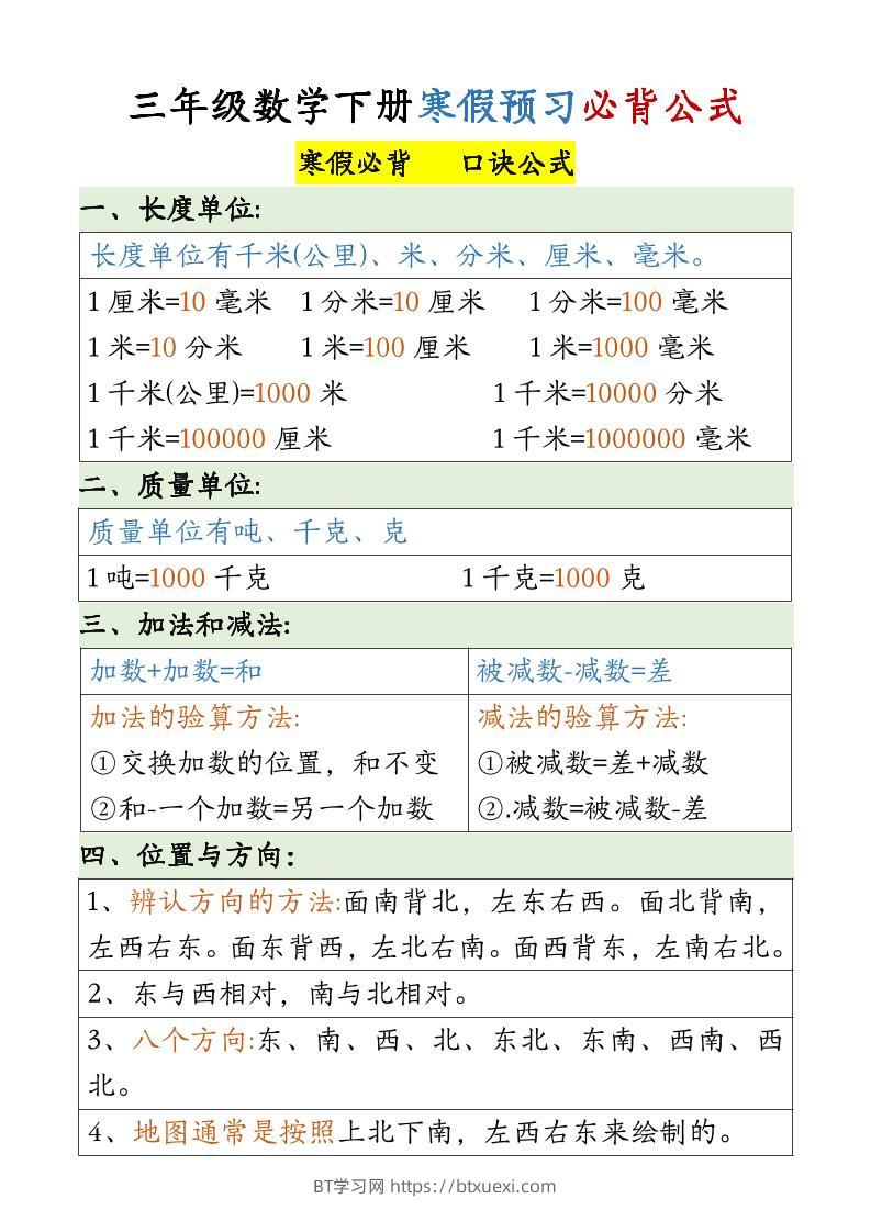 三下数学必备公式大全(3)-BT学习网