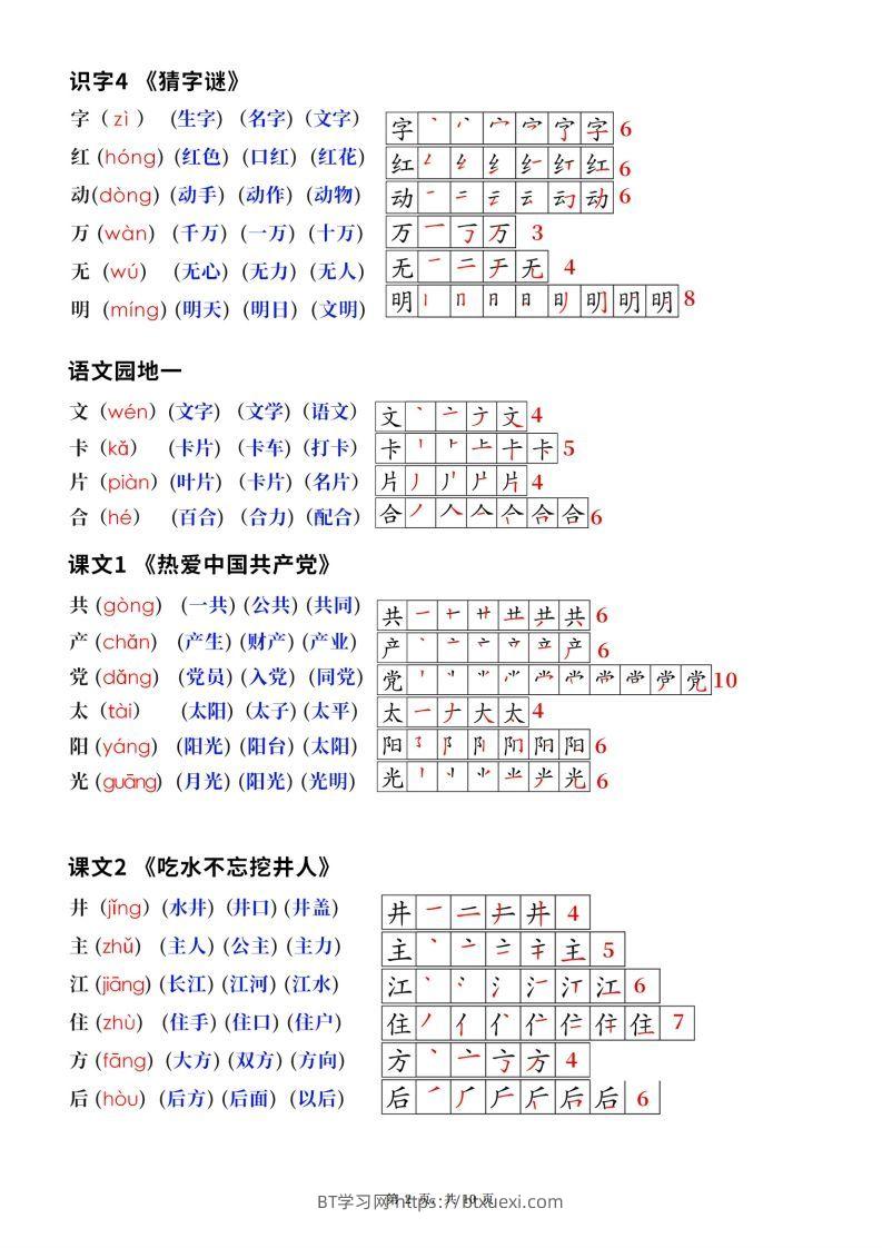 图片[2]-新版一下语文生字笔顺拼音组词（课课贴课本贴）10页-BT学习网