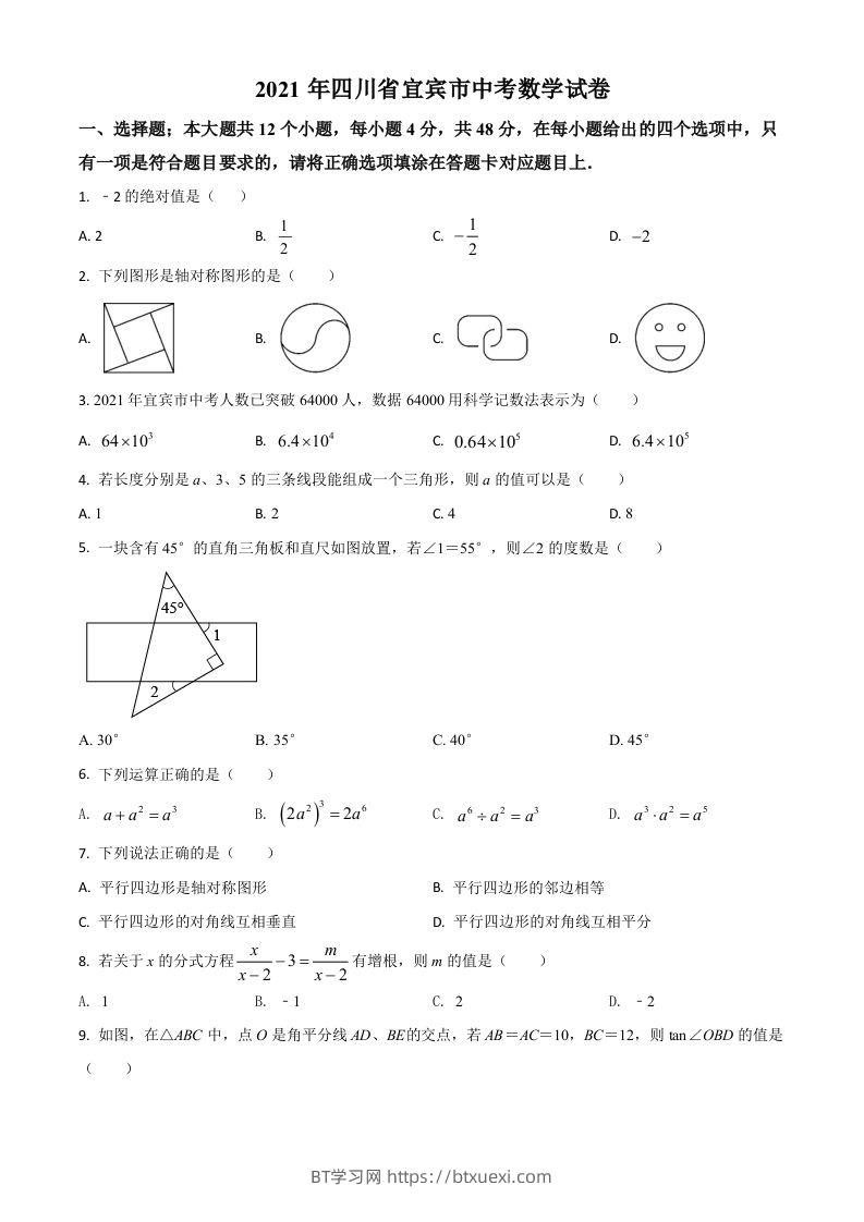 四川省宜宾市2021年中考数学真题（空白卷）-BT学习网