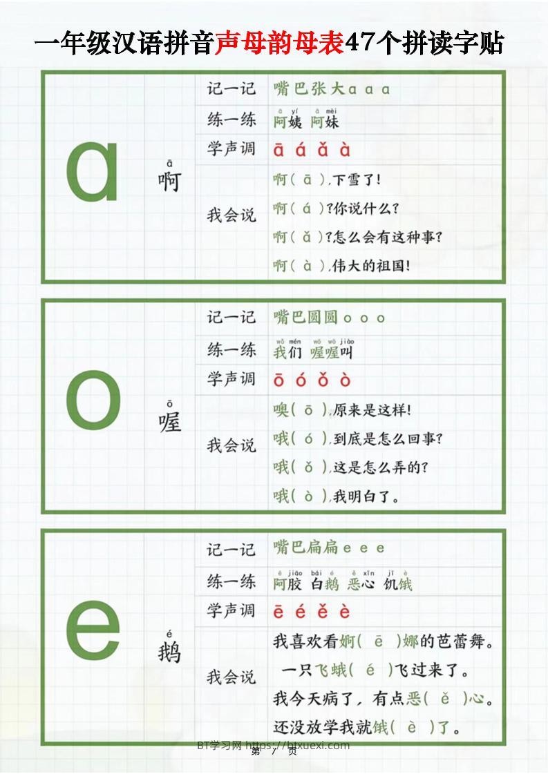 一年级汉语拼音声母韵母表47个拼读字贴（16页）-一上语文-BT学习网