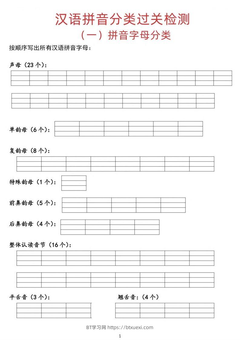 汉语拼音分类过关检测-BT学习网