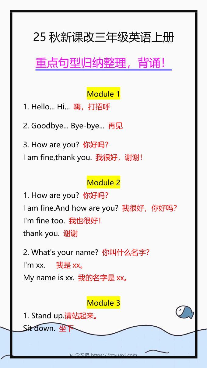 【2025秋新版】三年级英语上册重点句型归纳整理-BT学习网